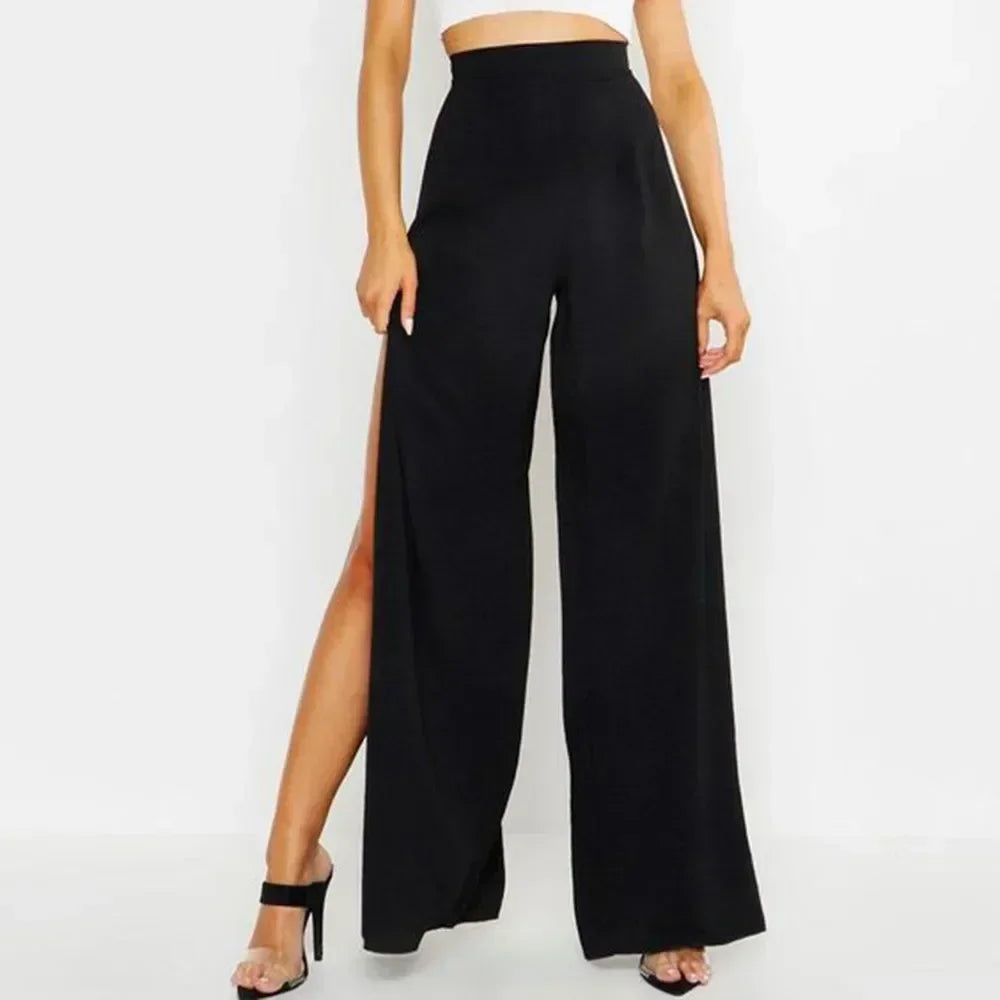 Sexy Women's Pants Side Split High Waist Yoga Wide Leg Party Club Solid Black Baggy Trousers Pants Woman Clothing