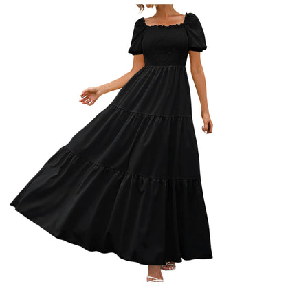 Women's Boho Loose Long Dress Crew Neck Short Sleeve Ruffle Hem A Line Flowy Maxi Dresses Female Summer Casual Holiday Dress