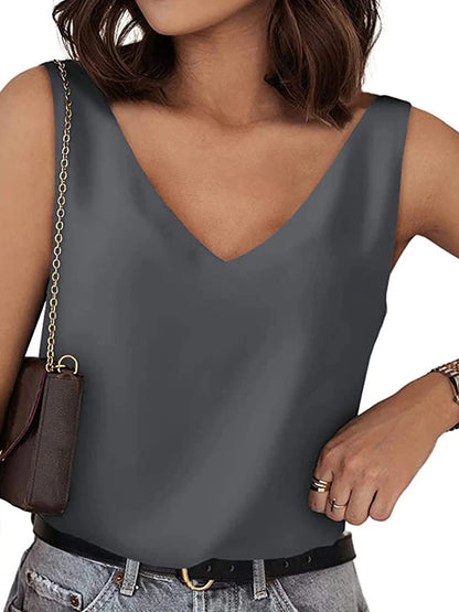 Women's Elegant Silk Satin V Neck Tube Tank Top Solid Sleeveless Camisole Blouse for Summer Basic Cami Tank T Shirt Streetwear