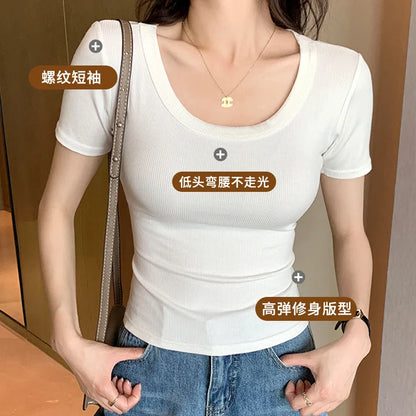 O Neck Knit White Crop Top Women Summer Casual T Shirt Basic Sexy Streetwear Ribber Black Short Sleeve Tops