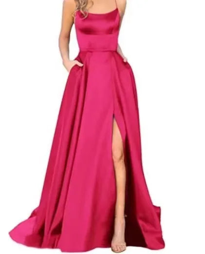 Women's Banquet Slit Long Dress 2024 New Bridesmaid Dress With Small Tail Suspender Solid Color Banquet Evening Dress Long Dress