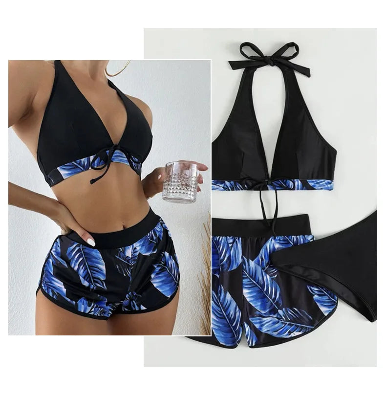 Women 2024 New Bikinis 6 Colors Sexy Halter Bikini 3 Piece Set Leafs Print High Waisted Swimsuit Beach Bathing Suit Size S-XXL