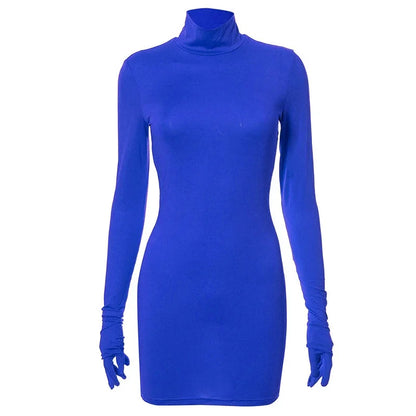 Sexy Women's Bodycon Dresses Long Sleeve Dress Women Mini Dress with Gloves Solid Half Turtleneck Dress Spring Autumn Party Club