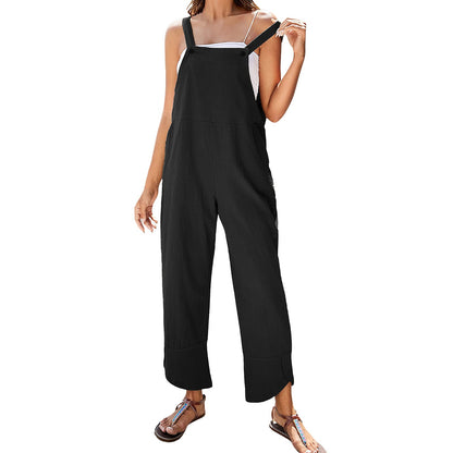 Women Sleeveless Cotton Linen Bib Jumpsuit Baggy Capri Casual Playsuits With Pockets Ribbed Jumpsuit For Women Overall Pants