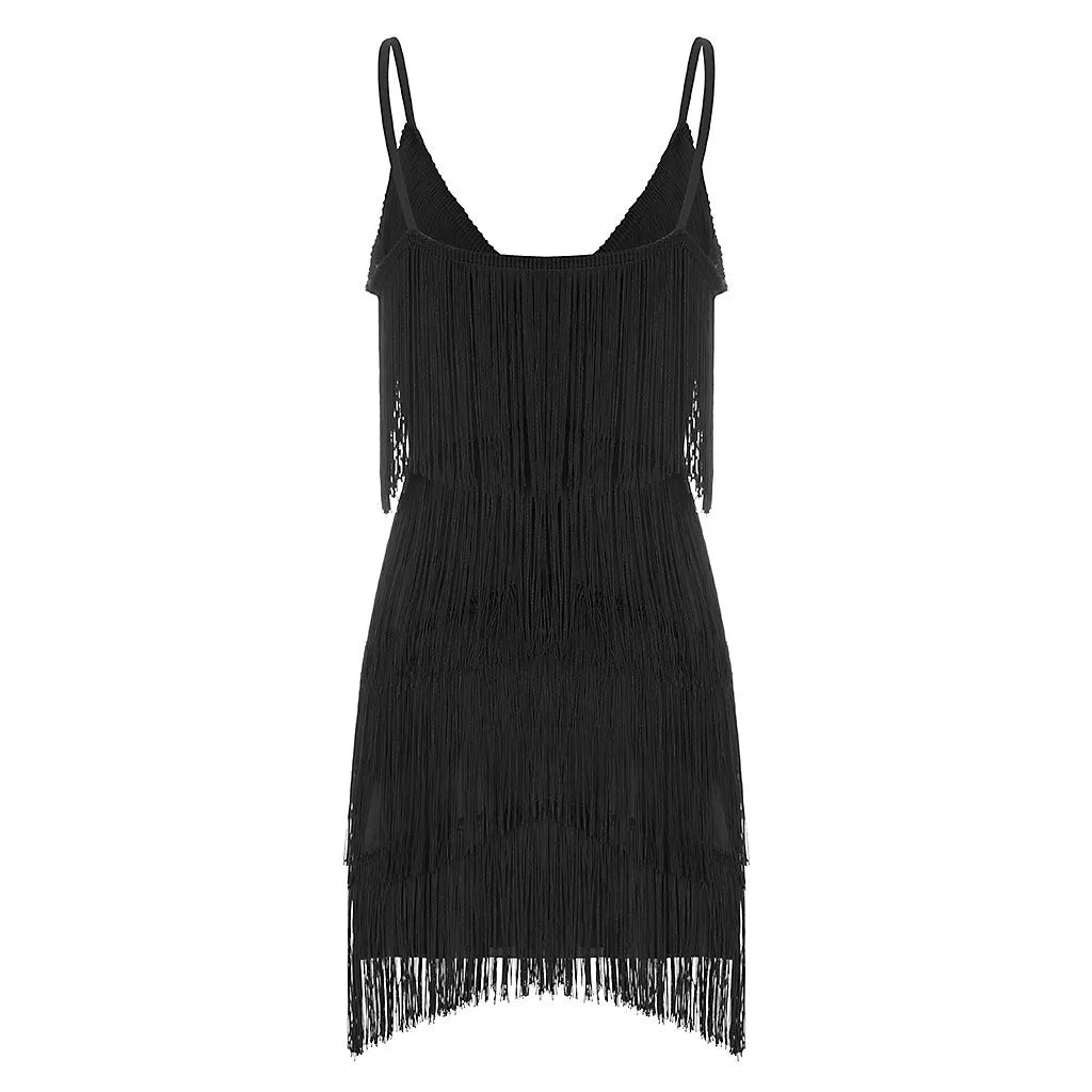 Women Sexy Tassel Latin Dress Tiered Fringe Flapper Dress Evening Nightclub Dancing Fancy Costumes C-Neck Dress For Women