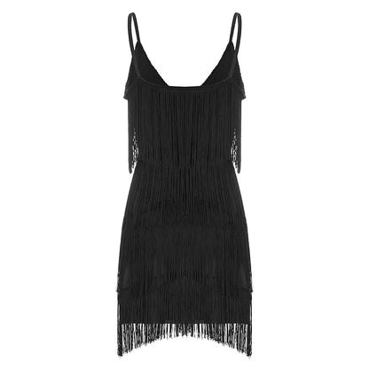 Women Sexy Tassel Latin Dress Tiered Fringe Flapper Dress Evening Nightclub Dancing Fancy Costumes C-Neck Dress For Women