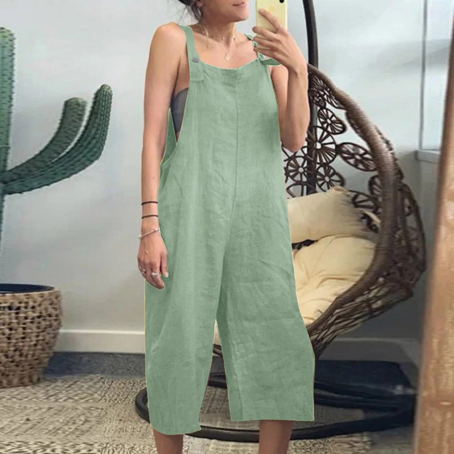 Women's Summer Jumpsuits Linen Overalls Casual Suspender Rompers Solid Wide Leg Pants Ladies Short Pants Buttons With Pocket