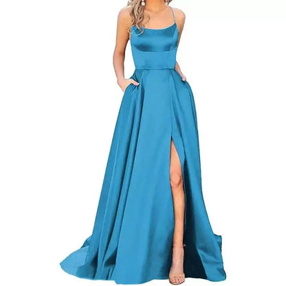 Women's Banquet Slit Long Dress 2024 New Bridesmaid Dress With Small Tail Suspender Solid Color Banquet Evening Dress Long Dress