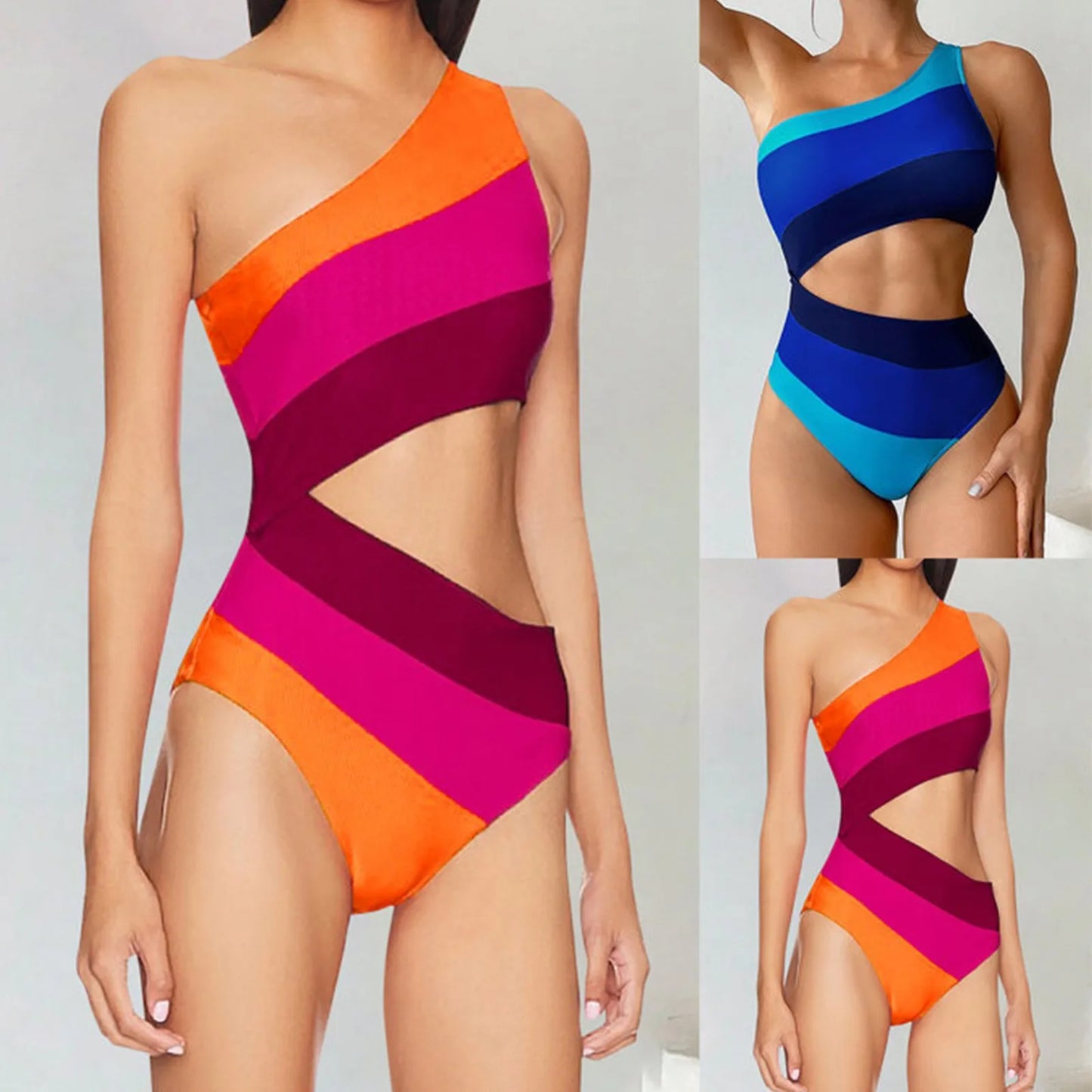 Cutout Color Block Swimwear Women'S Swimsuit One Shoulder Bathing Suit Women 2024 New Beach Strappy Swimwear Bikini