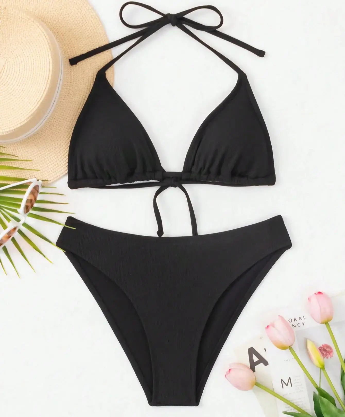 Ladies Bikini Suit sexy Knitted Triangle Cup Swimwear 2 Pieces Hanging Neck Bra beach shorts low waist briefs Swimming set