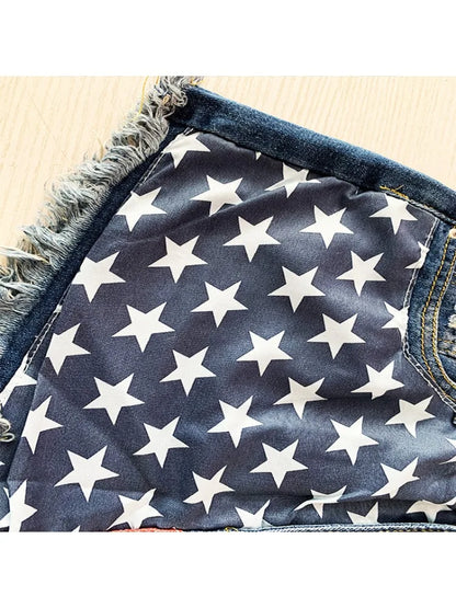 Women's Summer American Flag Tassel Star Print Denim Shorts Fashion Tassel Design Shorts Versatile Casual Shorts