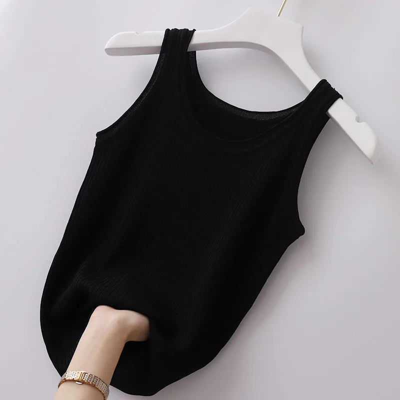 Summer Knit Vest Top sexy Sleeveless O Neck Women Camisole Pure Color Black White t-shirt Solid Color Slim Tank Top Camis Tees