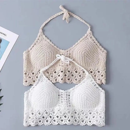 Bohemian Knit Halter Back Embroidery Camisole Women Sleeveless Camis Summer Casual S Knitted T-shirt Vest Top U-ne W8s6