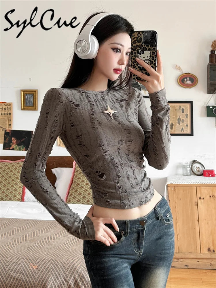 Nibber Vintage Distressed All-match Brown Fashionable Cool Youth Autumn Travel High Street Women Long-sleeved Cropped Mini Top