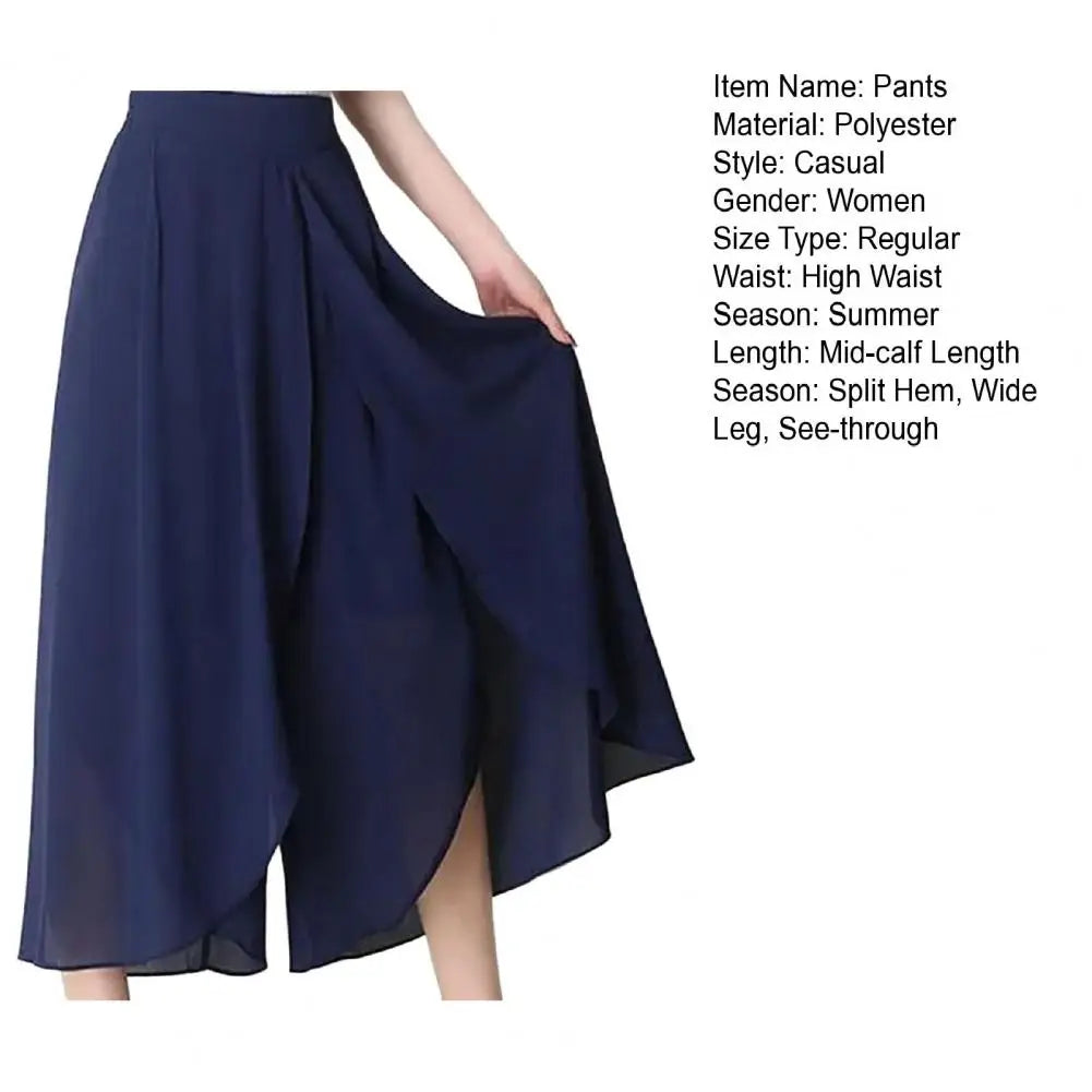 Women Skirt Pants See-through Chiffon Double Layers Split Hem High Elastic Waist Loose Wide Leg Mid-calf Length Cropped Pants