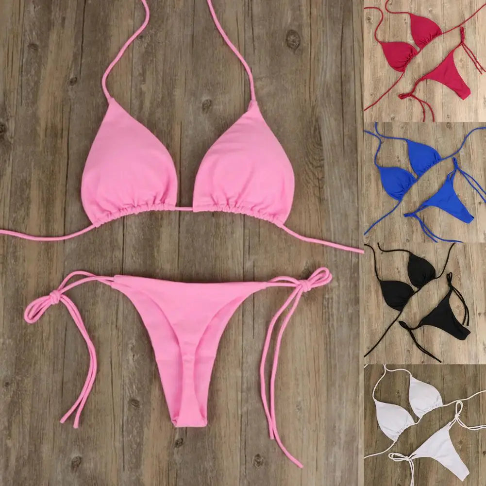 2Pcs/Set Swimwears Women Bikini Set 2023 Solid Color Halter Neck Strap Thong Women Swimsuit Set for Beach