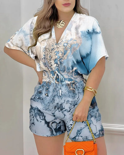 Women Elegant Sexy V Neck Romper Summer Casual short sleeve Playsuits 2023 Lady Fashion printed Elastic waist One Piece Overalls