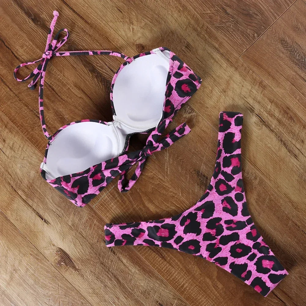 Sexy Women Bikini Swimsuit Push-up Bra Bikini Set Two Piece Swim Suit Swimwear Low-waisted Beachwear Leopard Bathing