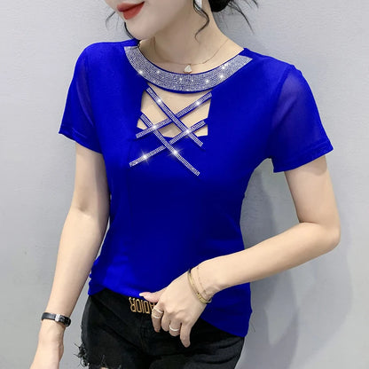 Girls Fake Diamonds O Neck T Shirts Crossed Hollow Out Summer Mesh Tops Lady Stretchy Slim Short Sleeve Chic Tshirt BH5067