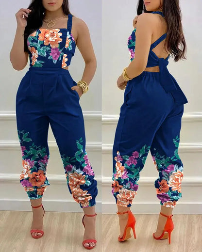 Sexy Hollowed Out Backless Rompers Summer Elegant Holiday Off Shoulder Playsuits Lady Casual Sleeveless Print Jumpsuits Women