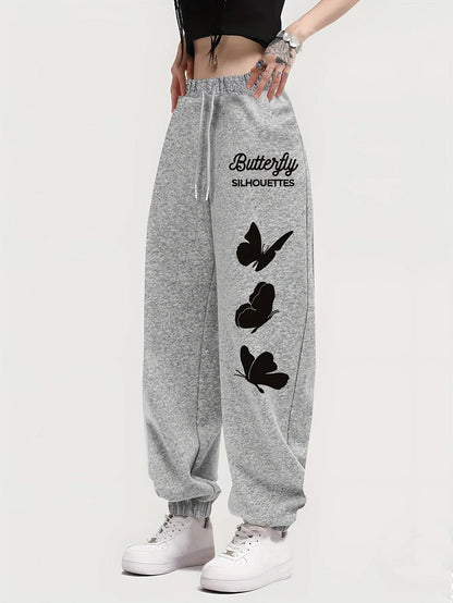 Butterfly Letter Printing Women's Elastic Waist Pants Jogger Fleece Drawstring Long Pant Fashion Casual Female Sports Sweatpants