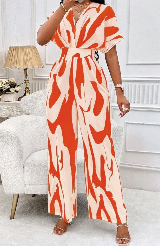 Sexy sleeveless women's V-neck jumpsuit, elegant suit with tight fitting print, one-piece, suitable for spring/summer 2024