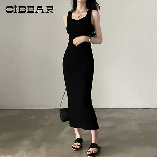 CIBBAR Basic Knit Long Dress Korean Fashion Square Collar Sleeveless Women's Dresses Summer Casual Y2k Vintage All-match Outftis