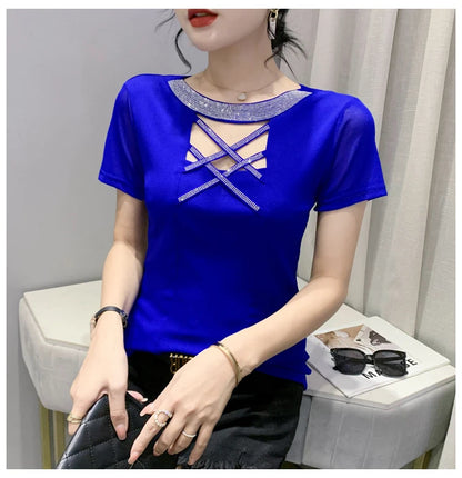 Girls Fake Diamonds O Neck T Shirts Crossed Hollow Out Summer Mesh Tops Lady Stretchy Slim Short Sleeve Chic Tshirt BH5067