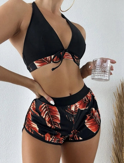 Women 2024 New Bikinis 6 Colors Sexy Halter Bikini 3 Piece Set Leafs Print High Waisted Swimsuit Beach Bathing Suit Size S-XXL