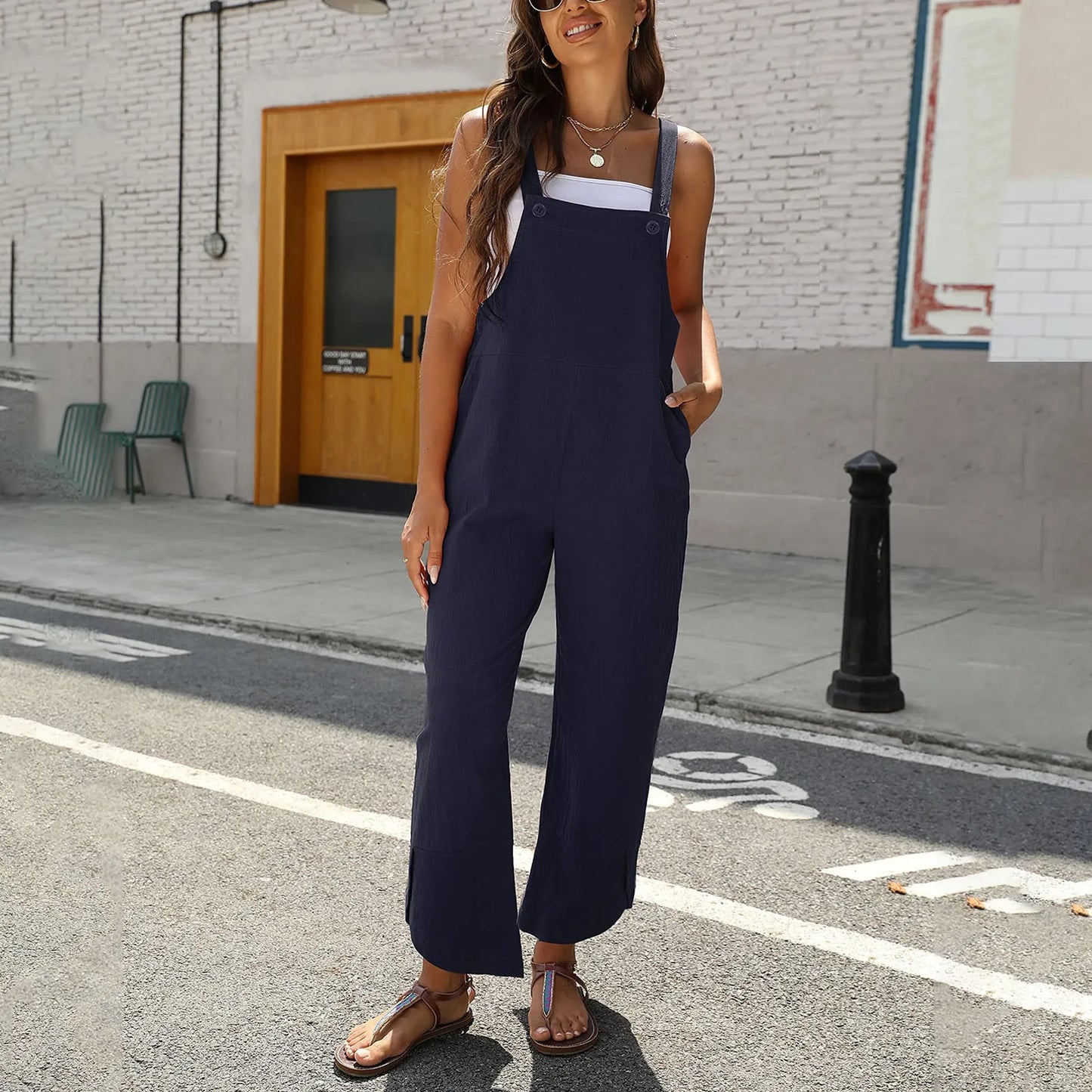 Women Sleeveless Cotton Linen Bib Jumpsuit Baggy Capri Casual Playsuits With Pockets Ribbed Jumpsuit For Women Overall Pants