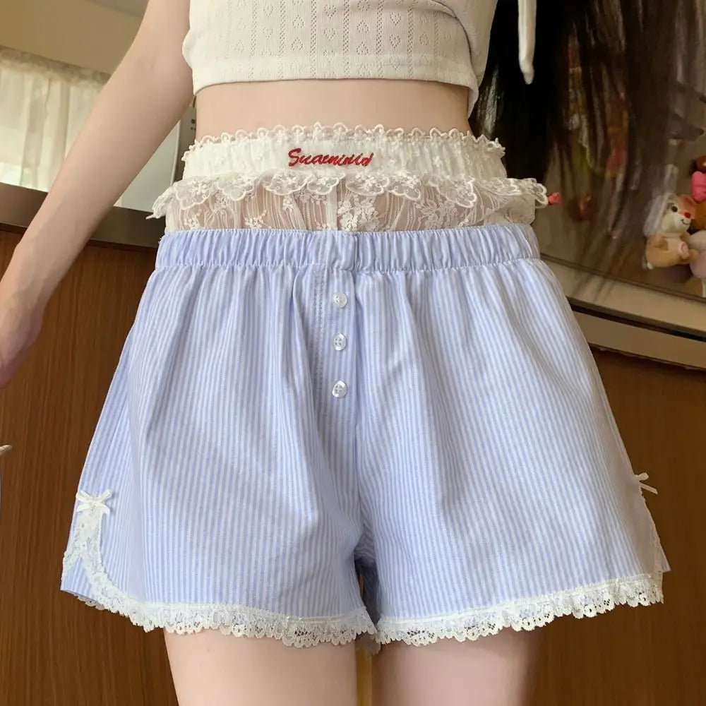 Sexy Cute Summer Striped Shorts Blue Pink Button Elastic Waist Shorts Lolita Lace Leggings For Women Girl