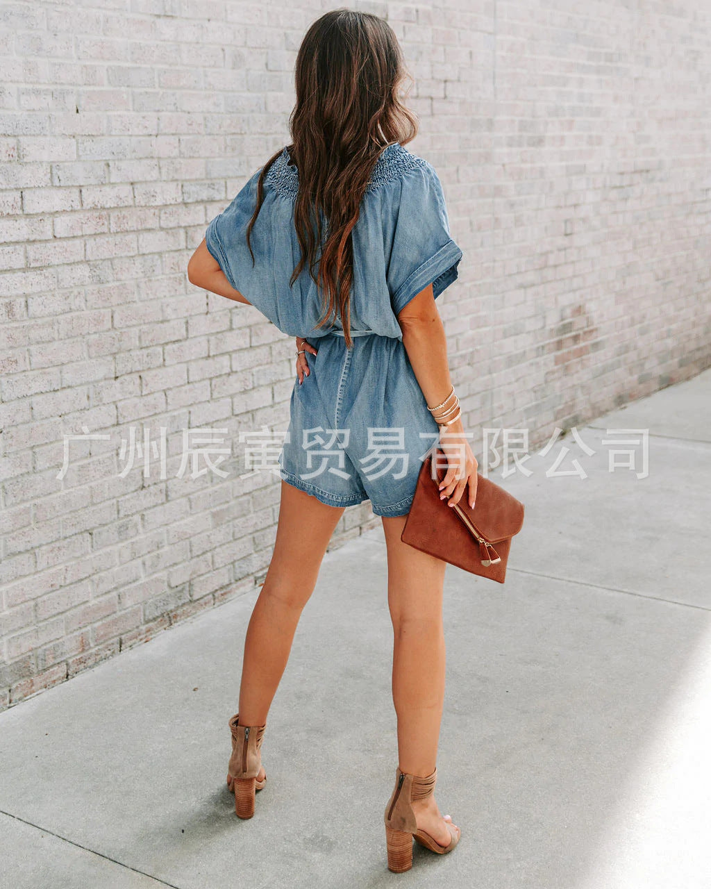 One Piece Jeans Stretch Jumpsuits Women V Neck Short Sleeve Solid Denim Casual Rompers Ladies Lace Up Playsuits Pockets