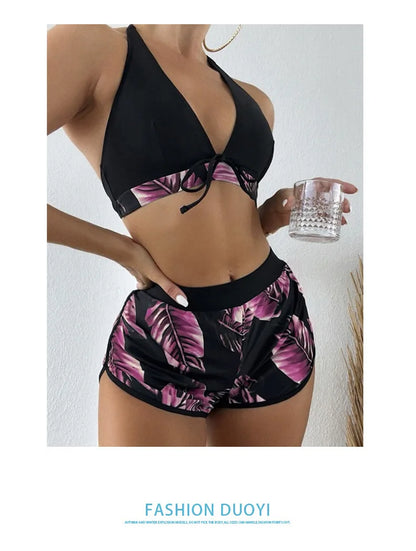 Women 2024 New Bikinis 6 Colors Sexy Halter Bikini 3 Piece Set Leafs Print High Waisted Swimsuit Beach Bathing Suit Size S-XXL