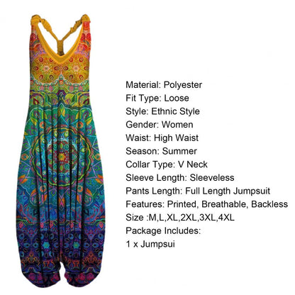 Vintage Ethnic Style S-4XL Women Casual Floral Rompers Loose Boho Casual Jumpsuits Sleeveless Print Strappy Jumpsuit 2022 New