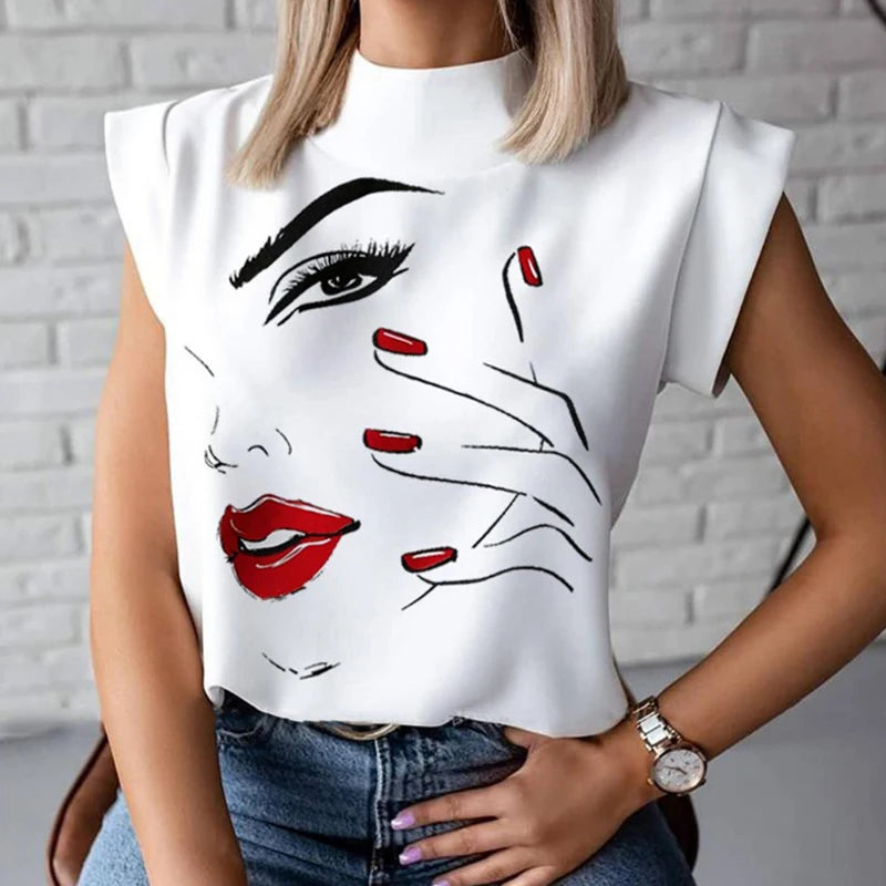 Fashion Women Elegant Lips Print Tops and Blouse Shirts 2024 Summer Ladies Office Casual Stand Neck Pullovers Eye Blusa Tops