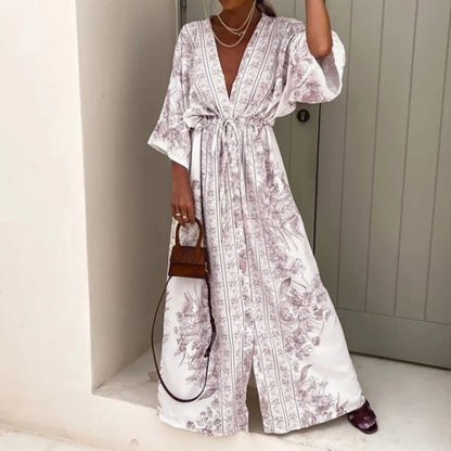 2024 Boho Print Half Sleeve Long Dress Women Fashion Japanese Kimono Lace-Up Robe Summer Sundress Holiday Beach Dress Vestidos