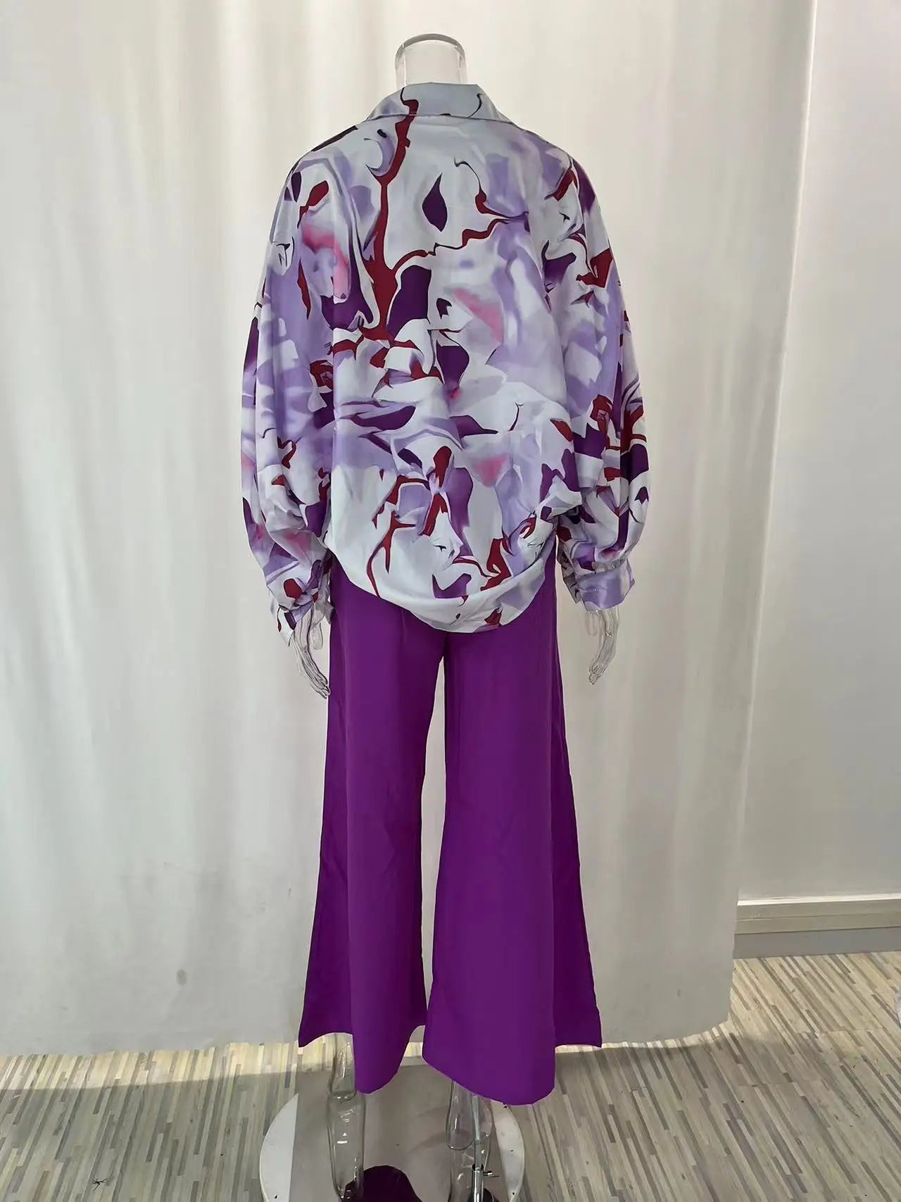 Spring Autumn Print Pant Sets Women Fashion Temperament Casual Loose Two Piece Set Flared Sleeve Shirts Wide Leg Pants Lady Suit