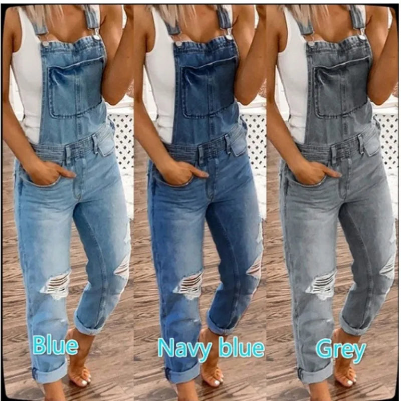 Hot Sale Suspenders Denim Jumpsuit For Women Fashion Ripped Jeans Jumpsuit Casual Female Clothing S-3XL Drop Shipping