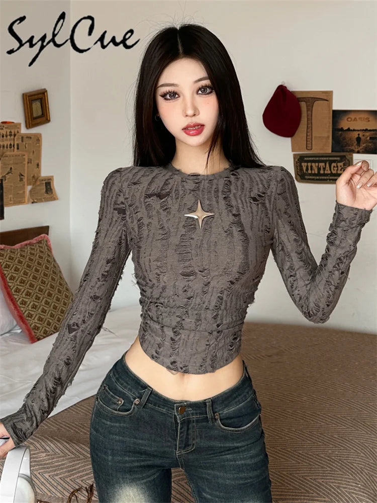 Nibber Vintage Distressed All-match Brown Fashionable Cool Youth Autumn Travel High Street Women Long-sleeved Cropped Mini Top