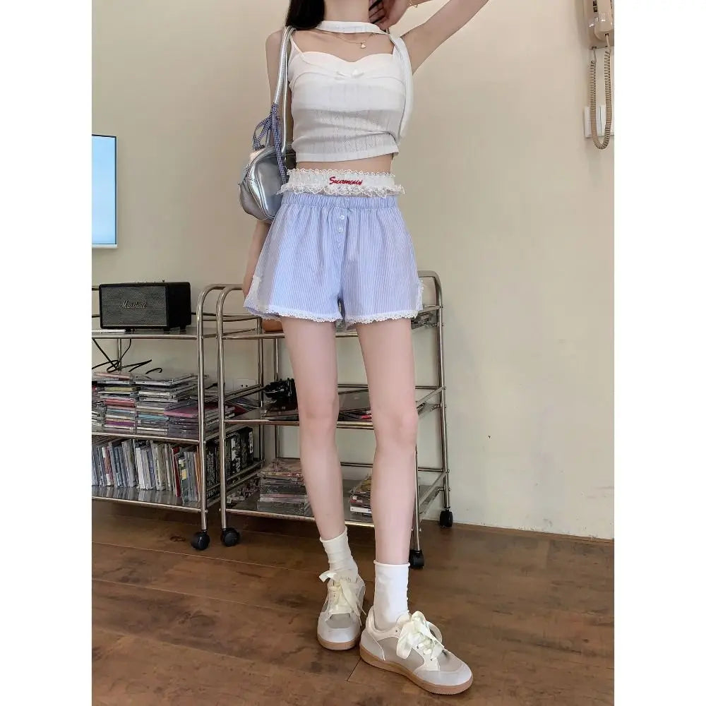 Sexy Cute Summer Striped Shorts Blue Pink Button Elastic Waist Shorts Lolita Lace Leggings For Women Girl