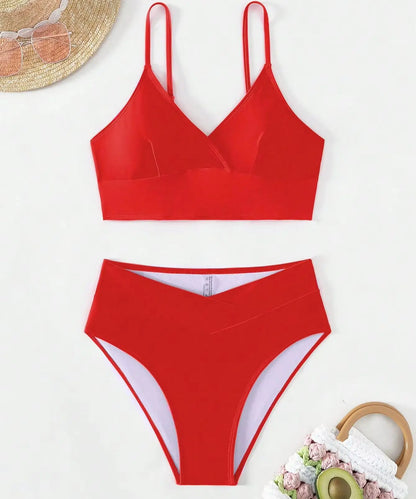 Sexy Cross  Bikini Set Deep V-neck Plain Swimming Suit  Fashion Cross High Waist Pants Sexy Bikini Suit