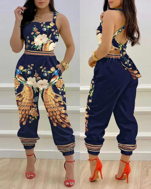 Sexy Hollowed Out Backless Rompers Summer Elegant Holiday Off Shoulder Playsuits Lady Casual Sleeveless Print Jumpsuits Women