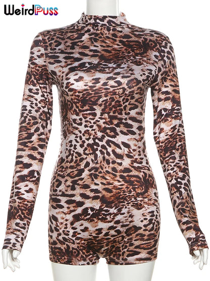 Weird Puss Leopard Print Romper Women 2024 Autumn Trend Hipster Long Sleeve O-Neck Skinny Stretch Streetwear Sexy Playsuits