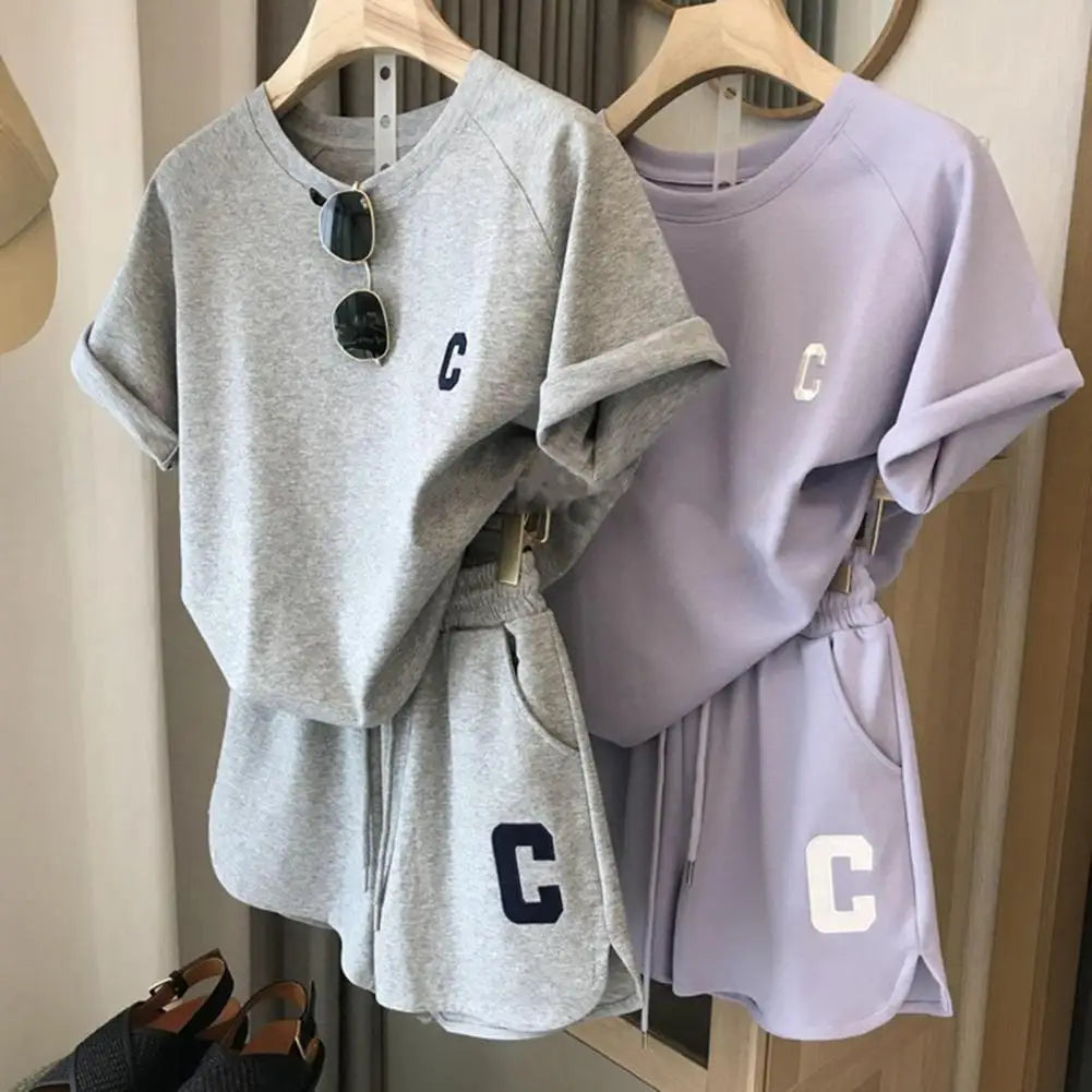 2 Pcs/Set Summer Women Tracksuit Pure Color Letter Print O Neck Top Shorts Set Short Sleeve Drawstring Elastic Waist Lady Outfit