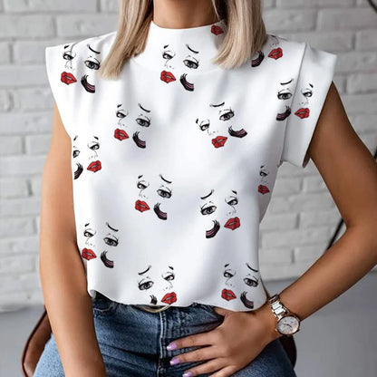 Fashion Women Elegant Lips Print Tops and Blouse Shirts 2024 Summer Ladies Office Casual Stand Neck Pullovers Eye Blusa Tops