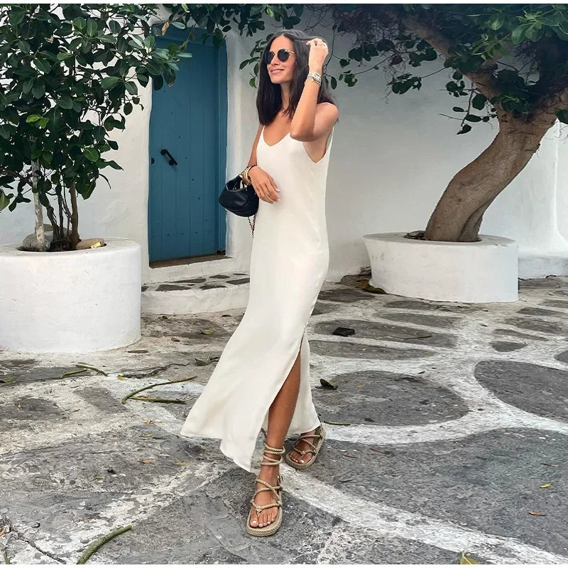 Elegant White V-neck Slit Maxi Dress For Women Fashion Backless Sleeveless Sling Dresses 2024 Summer Female Beach Vacation Robes