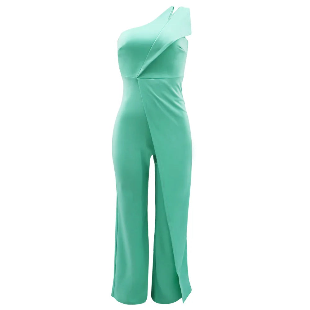 Women Elegant Jumpsuit One Shoulder Vacation Sleeveless Color Overall Bodysuit Clothing High Waist Summer Ladies Jumpsuit