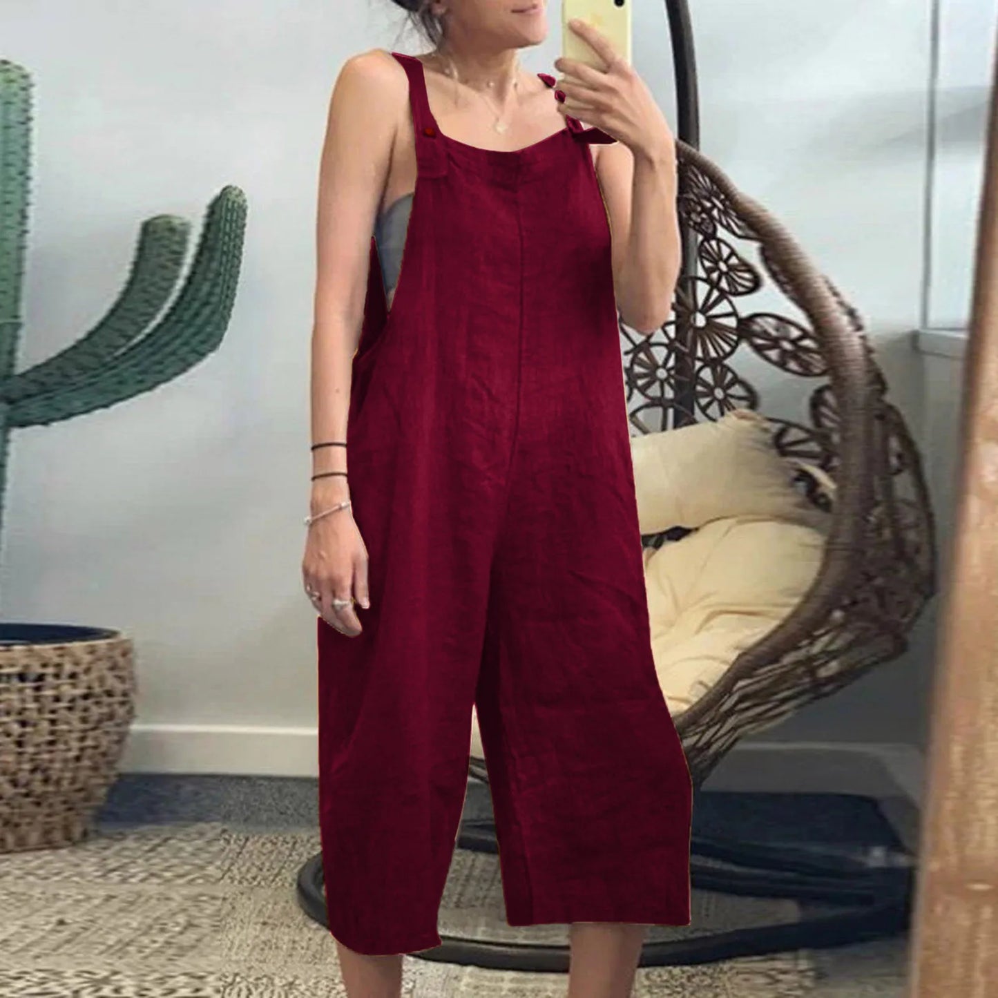 Women's Summer Jumpsuits Linen Overalls Casual Suspender Rompers Solid Wide Leg Pants Ladies Short Pants Buttons With Pocket