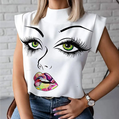 Fashion Women Elegant Lips Print Tops and Blouse Shirts 2024 Summer Ladies Office Casual Stand Neck Pullovers Eye Blusa Tops