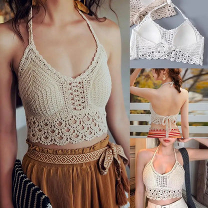 Bohemian Knit Halter Back Embroidery Camisole Women Sleeveless Camis Summer Casual S Knitted T-shirt Vest Top U-ne W8s6